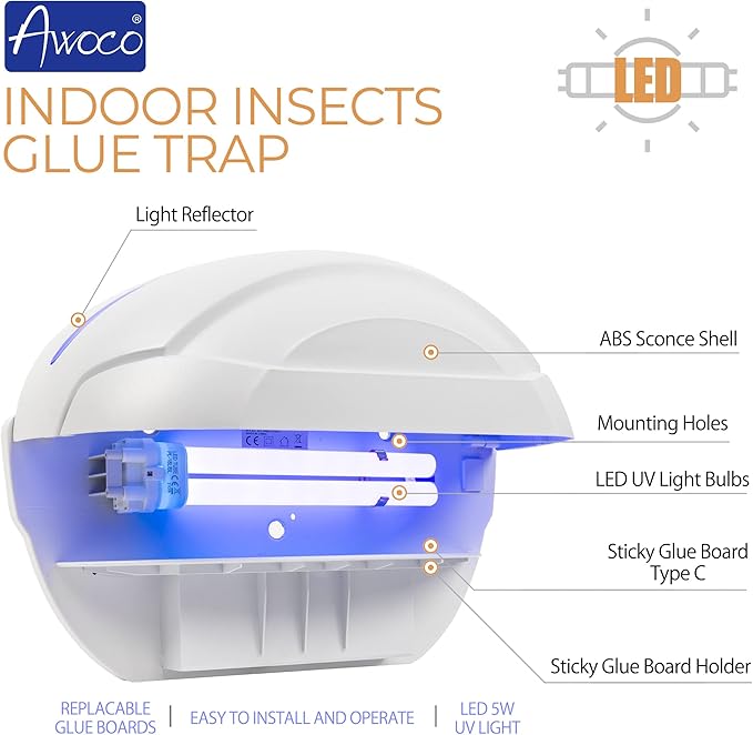 Awoco LED 5W Wall Mount Sconce Sticky Fly Trap Lamp for Capturing Flying Insects, Flies, Mosquitoes, and Moths (Fly Trap + 6 Glue Boards)