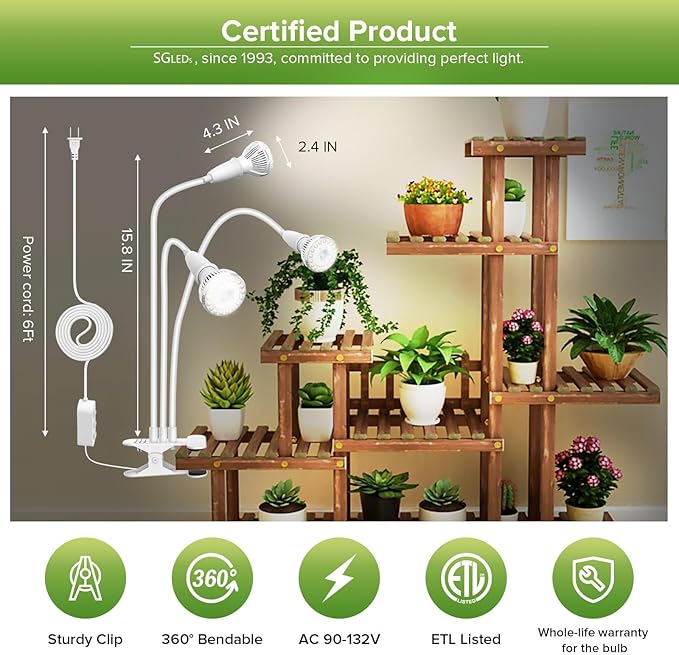Grow Lights for Indoor Plants, LED 30 W Full Spectrum Bulb Replaceable Plant Light, 450 W Equivalent Clip on Grow Light with Optical Lens for Indoor Growing, Lifetime Free Bulb Replacement