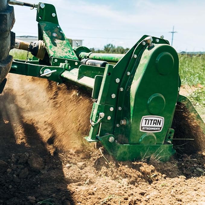 Titan Attachments 3 Point 48" Rotary Tiller Attachment, Fits Cat 1 Tractors, Green Finish, PTO Driven Cultivator with a 540 RPM Gearbox, Replaceable Tines, Aerates Ground Soil