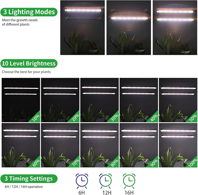 16‘’ LED Grow Light Strips for Indoor Plants,Full Spectrum 120 LEDs with 4 Install Methods, 6/12/16H Timer, 10 Dimmable Levels, 3 Switch Modes for Seedling Succulent Sunlike Strip (2 Head 1 Pack)