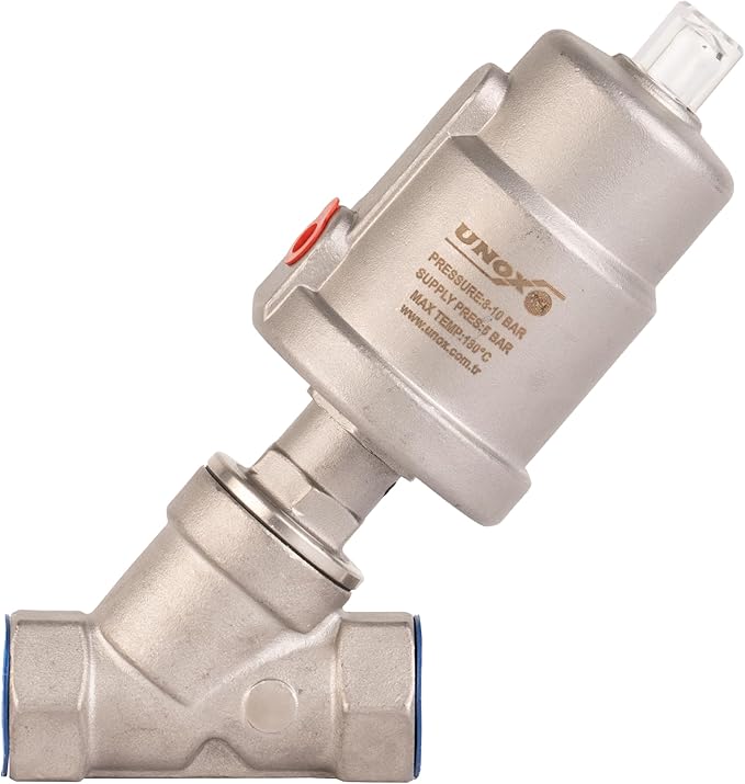 UNOX 1 1/2" (DN40) Stainless Steel Pneumatic Valve, Angle Seat Design, Normally Closed Steam Air Control, 3-8 Bars Fast Response Industrial Single Acting Valve with Threaded Connection