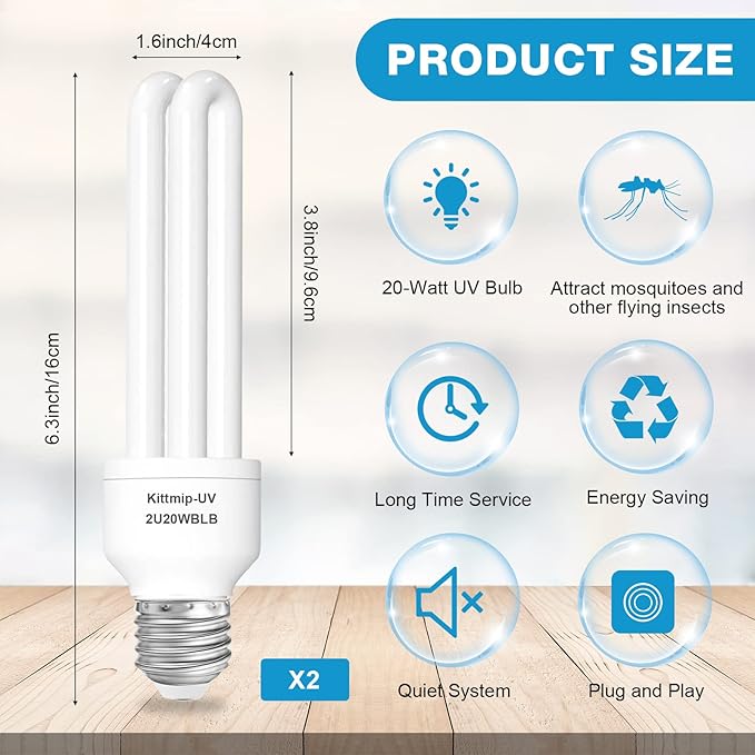 2 Pieces Bug Zapper Light Bulb 2U Type E27 20W Replacement Bulbs Compatible with Homesuit, Keuomy, Yluces, Yissvic, Powify and Other Models Bug Zapper