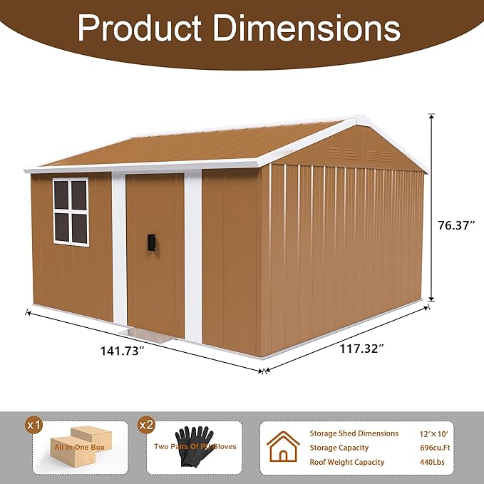 KEIKI 12FT x 10FT Heavy-Duty Metal Storage Shed, Outdoor Storage Shed with Floor & Window and Lockable Doors, Weatherproof Outdoor Garden Shed for Garden, Backyard, Patio, Lawn