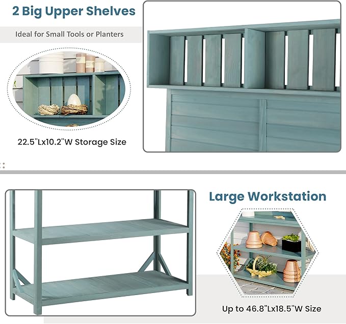 Outdoor Wooden Potting Bench Table β Farmhouse Garden Workstation with Drawers, Cabinet & Storage Shelves, Large Fir Wood Work Table for Patio, Backyard, Mudroom, Greenhouse (Green, 65'' H)