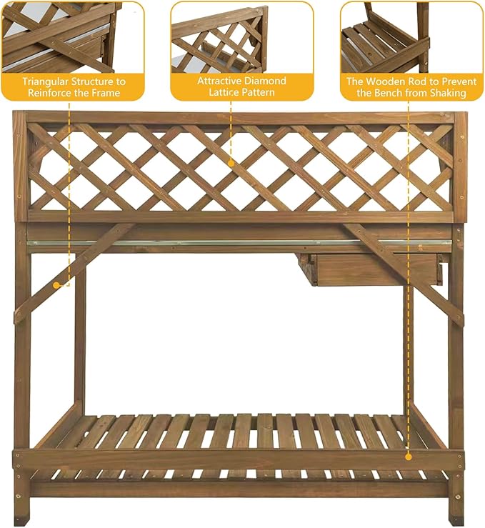 Garden Potting Bench with Metal Tabletop,Outdoor Potting Table Workstation Benches with Drawer/Storage Shelf,Fir Wood Potting Station Work Table with Open Shelf,Lattice Back (Brown)