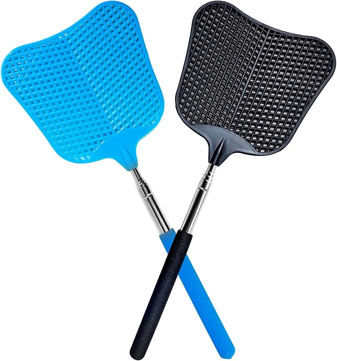 Fly Swatter, Flexible and Durable Telescopic Stainless Steel Retractable Handle ,Manual Fly swatters for Home,Garden,Classroom and Office (2Pcs Black& Blue)
