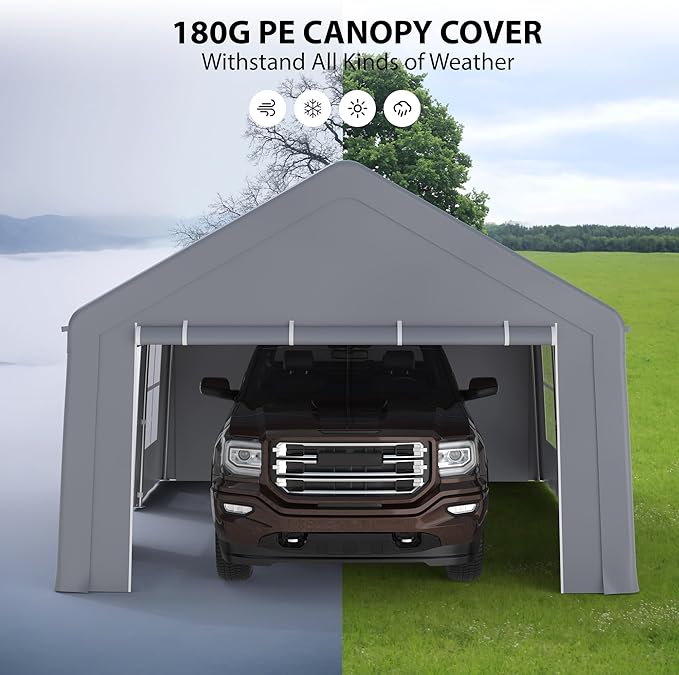 GAOMON 13x20 ft Heavy Duty Carport, Portable Garage with 3 Doors & 5 Ventilated Windows, Waterproof Car Canopy Outdoor Shed with Removable Sidewalls for Pickup Truck Boat, Grey