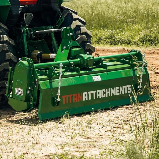 Titan Attachments 3 Point 48" Rotary Tiller Attachment, Fits Cat 1 Tractors, Green Finish, PTO Driven Cultivator with a 540 RPM Gearbox, Replaceable Tines, Aerates Ground Soil