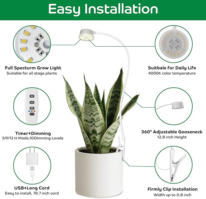 Grow Lights for Indoor Plants Growing, Pot Clip On Full Spectrum LED Plant Lights with Adjustable Gooseneck and 10L Brightness, 3/9/12 Hrs Auto On Off Timer for Indoor Small Plants (3 Packs)