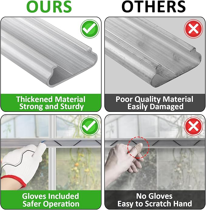 Spring Wire & Lock Channel - 30 Sets PVC Coated Spring Wire & Aluminum Alloy U-Channel Bundle with Nylon Gloves, 6.6 ft Farmer Greenhouse Frame Kit for Fix Poly Film Shade Cloth