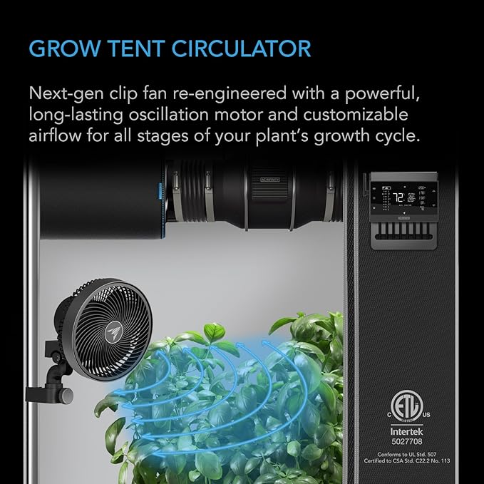 AC Infinity CLOUDRAY S9, Grow Tent Clip Fan 9” with Redesigned Long-Life EC Motor, Custom 10 Dynamic Wind Speeds and 10-Level Oscillation, Weatherproof IP-54, for Hydroponics Circulation Cooling