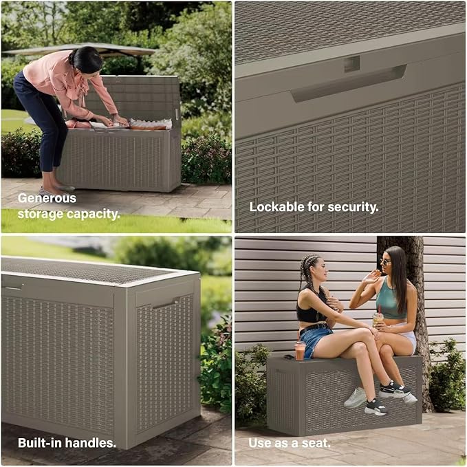 100 Gallon Waterproof Large Resin Deck Box Indoor/Outdoor Lockable Storage Container and Seating for Garden, Pool, and Patio (100 Gallon, Grey)