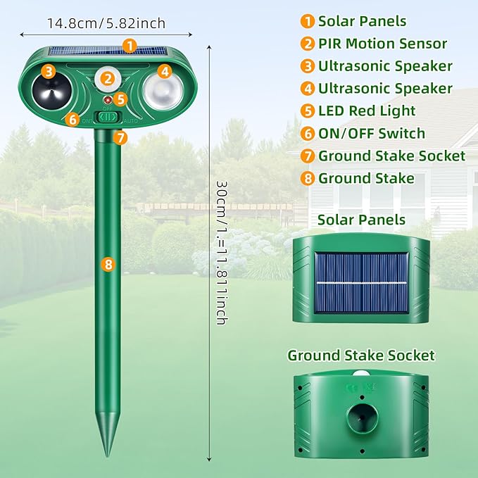 Solar Ultrasonic Animal Repeller Cat Deterrent Outdoor Squirrel Rabbit Dog Skunk Raccoon Coyote Fox Deer Predator Deterrents Repellent Device with Light (2)