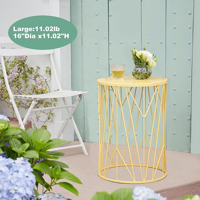 HFHOME Set of 3 Metal Side End Tables Nightstand, Nesting Round Coffee Table for Indoor Outdoor, Heavy Duty Metal Plant Stand Living Room Garden Stool - Yellow