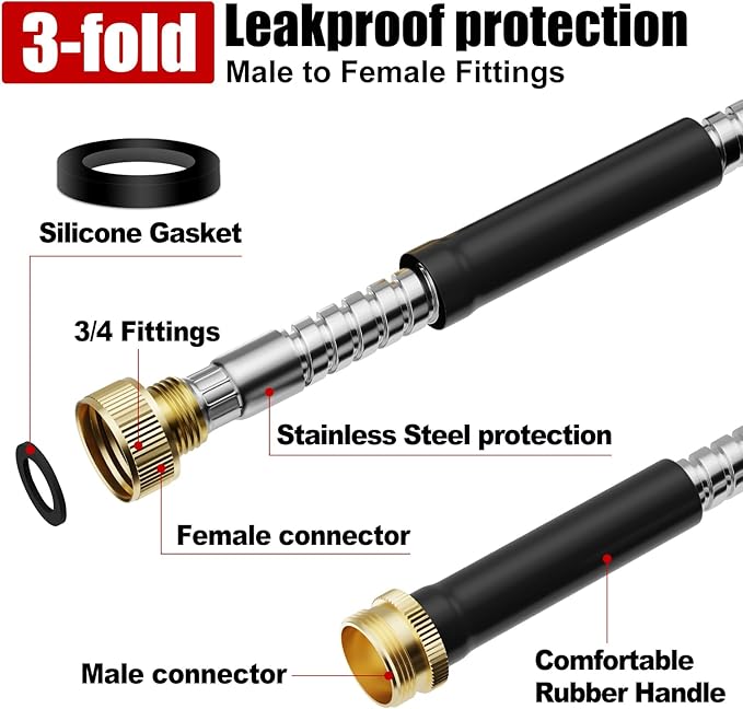 Short Garden Hose 5 ft, Male to Female Heavy Duty Stainless Steel Small Water Hose Extende Connector, Flexible No Kinks, Leakproof 3/4 in Fittings, Lightweight Metal Leader Hose,MBT5S Model