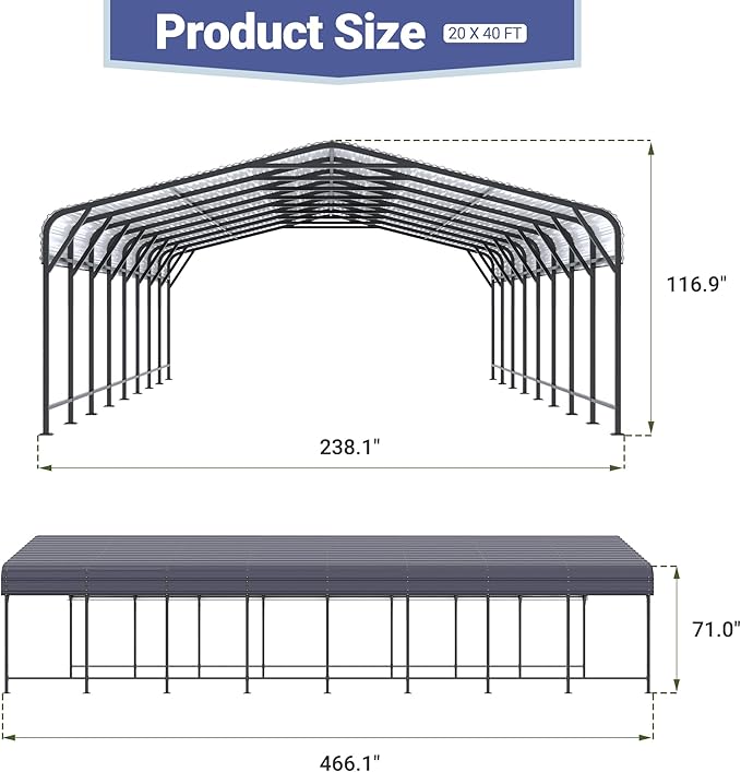Polar Aurora 20x40 FT Metal Carport with Heavy Duty Carport Canopy, Car Port with Reinforced Base and Upgraded Support Framework, Car Garage Shelter for 2 Car, Boats and Truck
