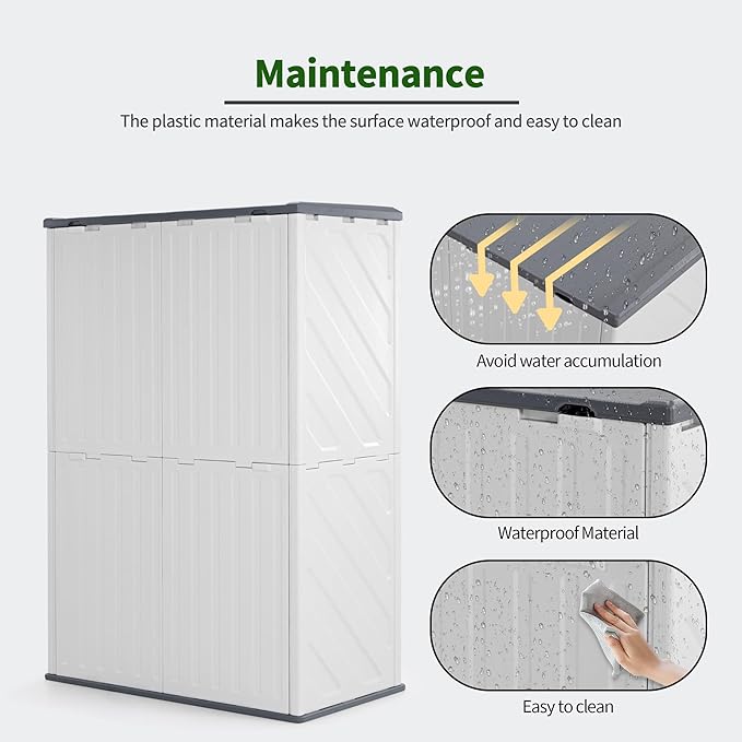 Macrout 50 Cu.Ft Plastic Outdoor Storage Cabinet with Shelves, 4.3 x 2.5 ft Waterproof Resin Outdoor Storage Shed with Floor, Lockable Vertical Shed for Garden and Patio