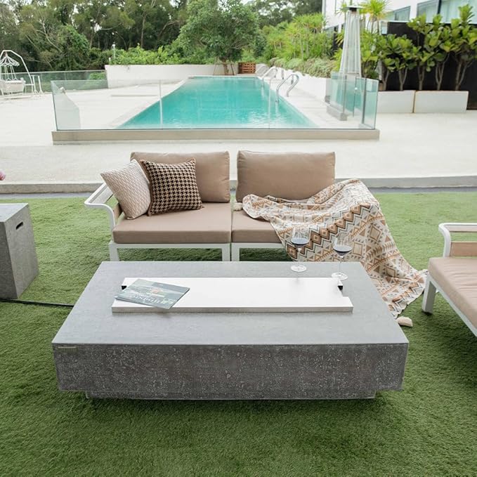 Hampton Concrete Fire Pit 56" x 32" Outdoor Patio Firepit Includes Lava Rocks Modern Fire Pits & Outdoor Fireplaces for Garden, Deck, Indoor & Outdoor Heating