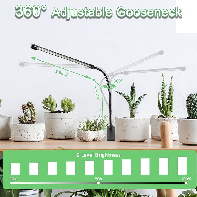 Sunny Power Clip On Grow Lights for Indoor Plants Full Spectrum, 6000K LED Plant Light for Indoor Growing With Adjustable Auto On/Off Timer, Dimmable, 3 Lighting Modes White Red Leds for Seed Starting