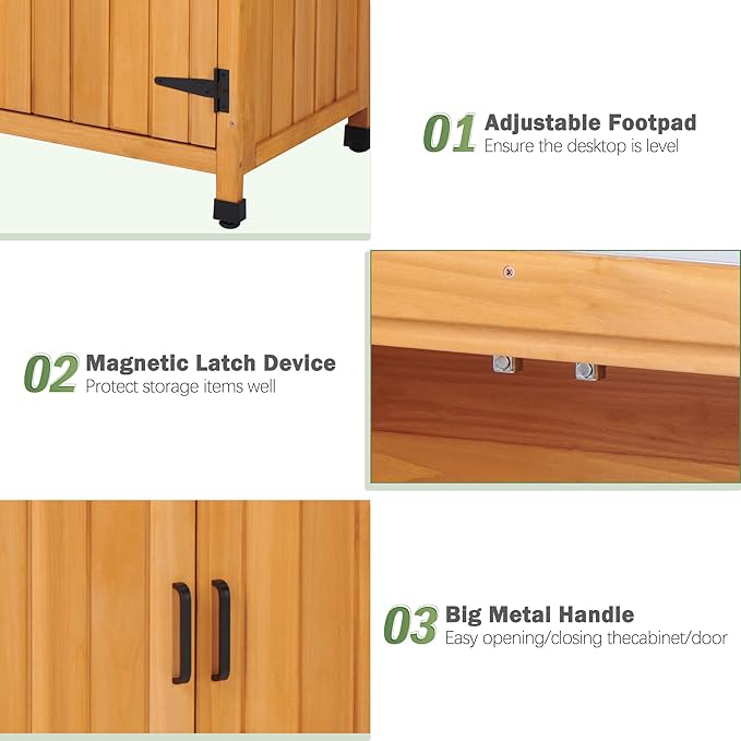 Outdoor Potting Bench with Metal Work Top,Waterproof Garden Storage Cabinet,Wooden Tool Station Shed for Backyard,Patio,Lawn Gardening