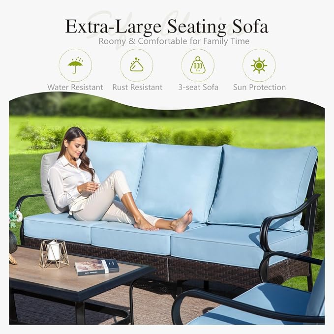 Sophia & William Patio Furniture Set, 4 Piece Metal Outdoor Conversation Set with 3-Seater Outdoor Couch, 2 Sofa Chairs, 1 Coffee Table for Outdoor Seating, Backyard, Porch(Blue)