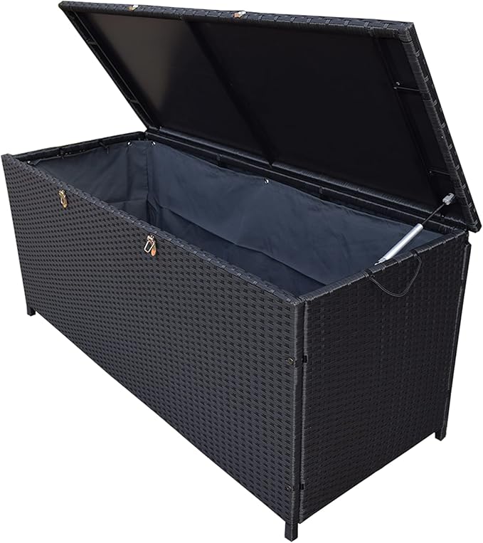 113 Gallon Outdoor Storage Box, Patio Rattan Deck Box, Wicker Storage Bench for Indoor, Outdoor, Pool, Balcony, Yard, Garden, Black