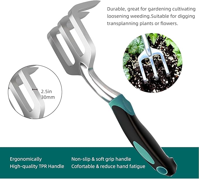 Garden Tool Set, Garden Trowel and Rake, Heavy Duty 3 Piece Gardening Tools, Non-Slip Rubber Grip, Outdoor Hand Tools, Essential Tool Set for Gardening Gifts for Mother Father Men Women Gardeners