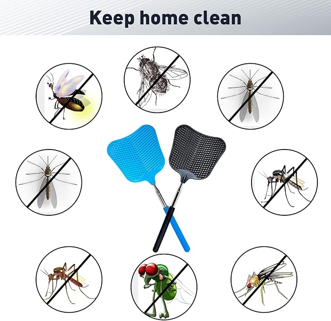 Fly Swatter, Flexible and Durable Telescopic Stainless Steel Retractable Handle ,Manual Fly swatters for Home,Garden,Classroom and Office (2Pcs Black& Blue)