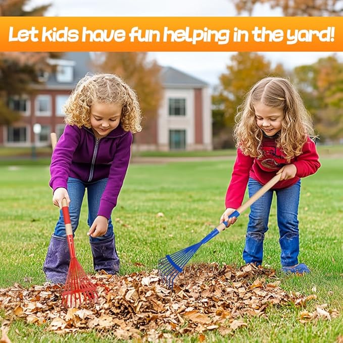 Kids Friendly Rakes for Leaves - 28" Child Size Small Rake with Durable Metal Head & Hardwood Handle, Real Lawn Garden Yard Tools for 3+ Years Kids Enjoy Helping Work Gifts, 2 Pcs