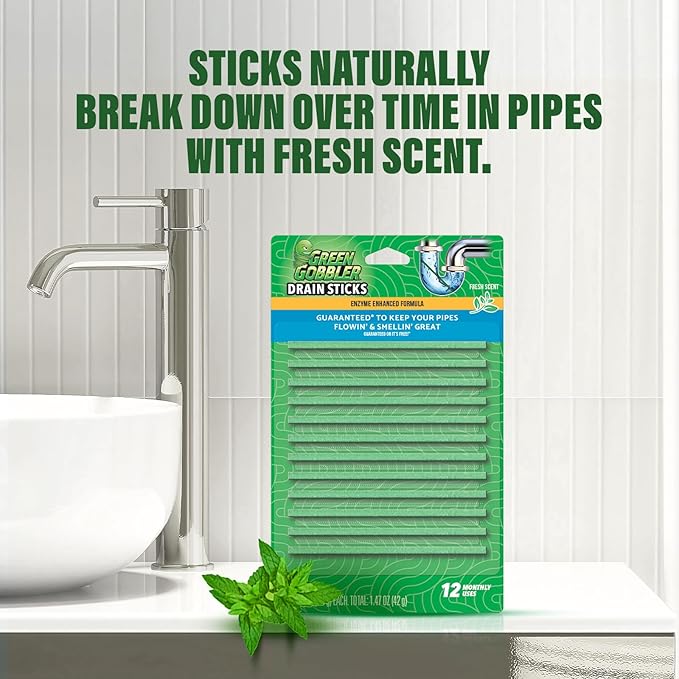 Green Gobbler Drain Cleaner and Deodorizer Sticks with Enzymes - Maintain a Clean Drain, Safe for Pipes and Septic Tanks, Use Monthly - 12 Pack