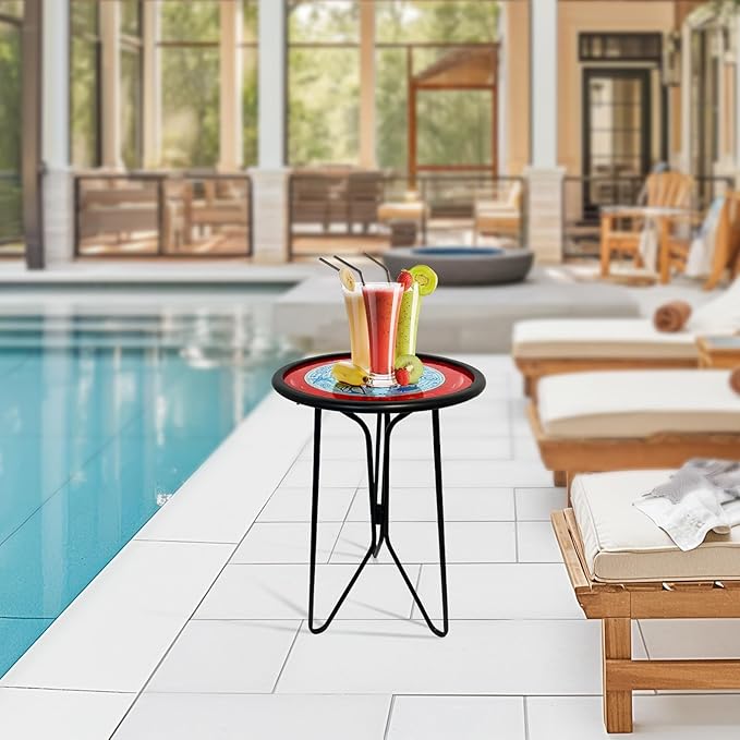 LIFFY Outdoor Side Tables, 12" Coffee Table Small Patio Table, Indoor Small Round Home Decorative End Table, Plant Stands Table Outside, for Yard Balcony Garden Bedside Pool Beach(Metal & Glass,Red)