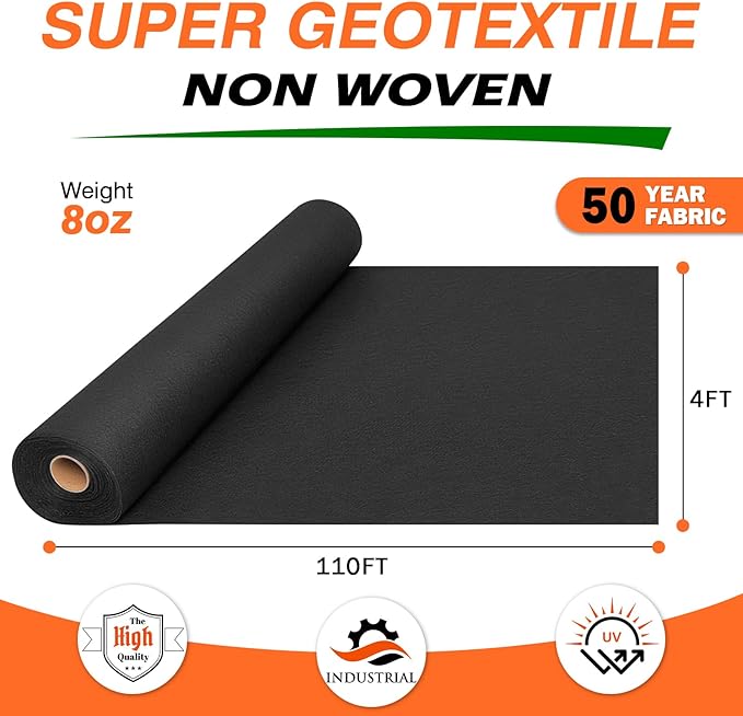 8oz 4FTx110FT Non Woven Geotextile Fabric for French Drains, Landscaping, Underlayment, Weed Control, Construction, Erosion Control