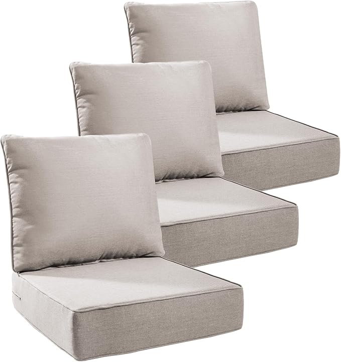 Luxury 6" Outdoor Cushions for Patio Furniture, 24x24x6 Thick Seat Cushion Set of 3, Fade Resistant Couch Chair Replacement Cushions High Density Deep Wicker Chair Cushion w/Removable Cover, Beige