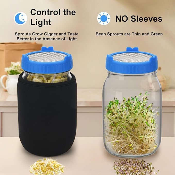 Lulonpon Sprouting Kit, 4 Sprouting Jar Kits, Wide Mouth Quart Mason Jars with Stainless Steel Screen Sprout Lids,1000ml Sprouts Growing Kit, Seed Sprouter Set for Growing Broccoli, Bean, Alfalfa 