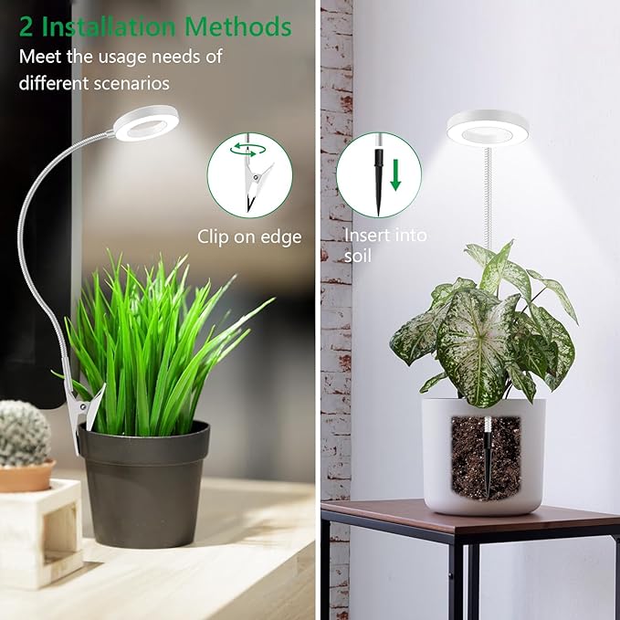 Grow Light, LED Full Spectrum Plant Light for Indoor Plants, 2 Mounting Methods Clip or Plug, White Halo Plant Growing Lamp with 3 Light Modes, 6/12/16H Timer, 5 Level Dimmable