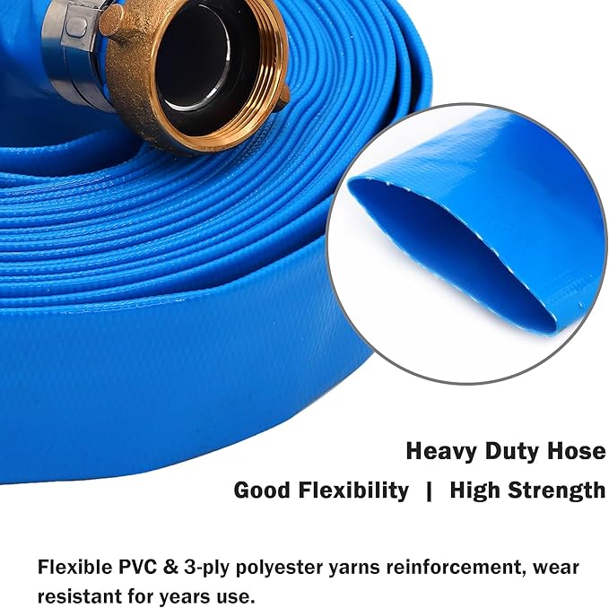DAVCO 1.25" ID x 50 ft Pool Backwash Hose, Heavy Duty Reinforced Blue PVC Lay Flat Water Discharge Pump Hoses For Swimming Drain Pools and Clean Filters, with Brass NPT Pin Lug and KC Nipple Fittings
