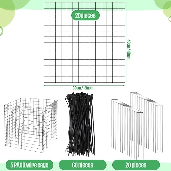 Zubebe 5 Pack Small Wire Plant Protectors Square Plant Protectors from Animals Mesh Cage Chicken Wire Cloche for Shrubs and Vegetables with Ground Stakes and Nylon Ties (15 x 16 Inch)