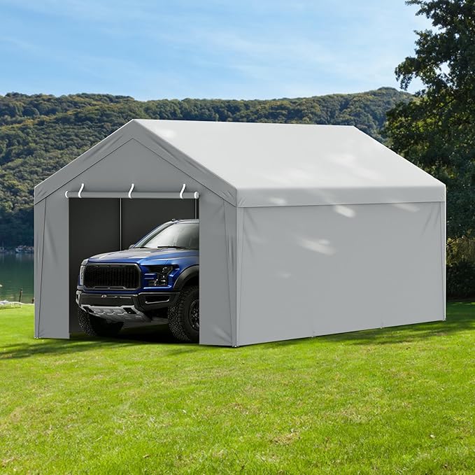 VEVOR Carport Replacement Canopy Cover Top + Side Wall 13 x 20 ft, Garage Tent Shelter Tarp Heavy-Duty Waterproof & UV Protected, Easy Installation with Ball Bungees,Grey (Frame Not Included)