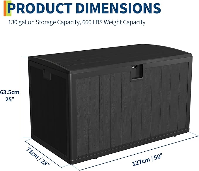 130 Gallon Outdoor Waterproof Storage Box Lockable Outdoor Storage Boxes Deck Storage Boxes for Package Delivery Deck Boxes for Patio Furniture, Garden, Tools - Faux Wood Grain Black