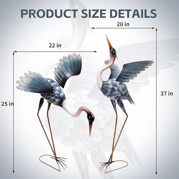 WONDER GARDEN Blue Heron Statue-Garden Statues for Outside - 2 Pack Crane Sculptures Statue, Metal Birds Yard Art for Pond, Patio, Outdoor, Porch Decor