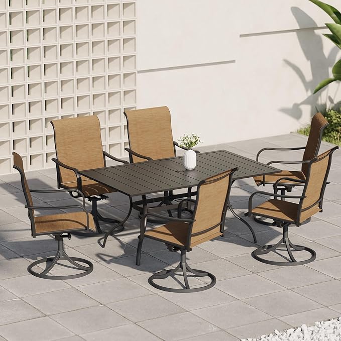 7-Piece Outdoor Dining Set, 6 Swivel Chairs&63.5‘’ Rectangular Table All Weather Frame Furniture Set - Brown Style2