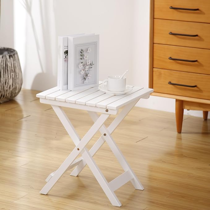 2 Pcs Small Folding Patio Side Table Outdoor Wood Wooden Small End Portable Plant Little Table for Garden Yard Porch Living Room Space Pool 15.4x15.4 x18.3 inch (White)