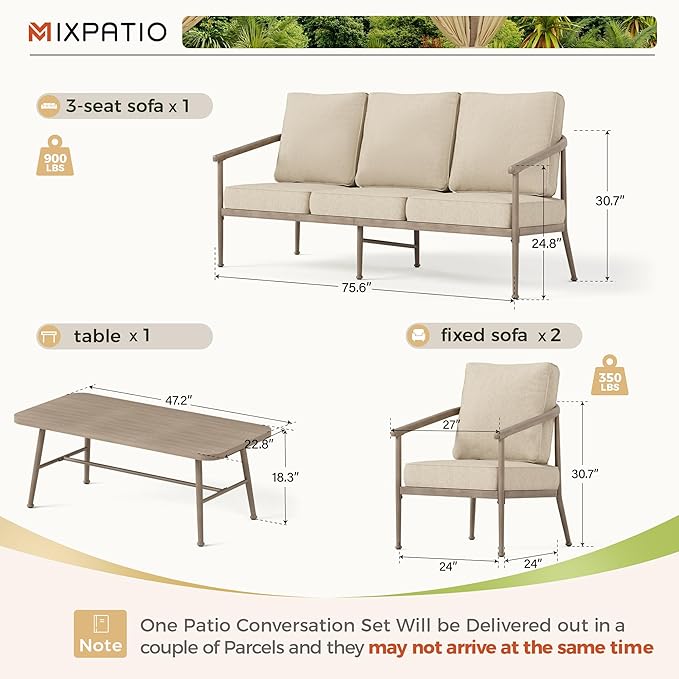 Outdoor Patio Furniture Set, 4-Piece Steel Patio Outdoor Conversation Sets with Washable Thick Cushions & Coffee Table, Windsor Outdoor Patio Sectional for Garden, Backyard, Balcony - Beige