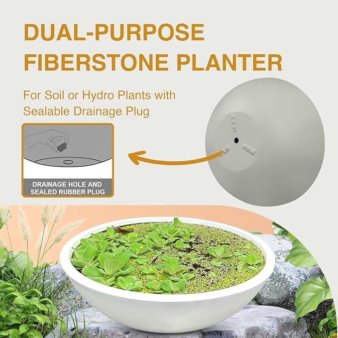 6.9" H x 19.7" D Round Bowl Fiberstone Planter for Succulent and Lotus, Drainage Hole, Weather Resistant for Indoor and Outdoor Use, Included 2 Extra Coco Mats (White, 17.9" Pot Opening)