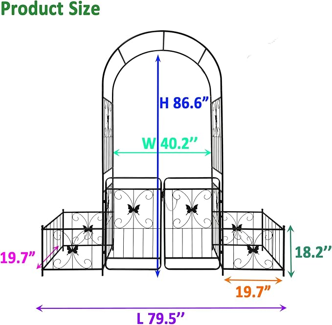 Metal Garden Arch with Gate and 2 Plant Stands, Garden Arch Trellis for Climbing Plants Outdoor, Garden Arbor for Weddings Party Events Decoration, 79.5" L X 20" W X 86.6" H, Black