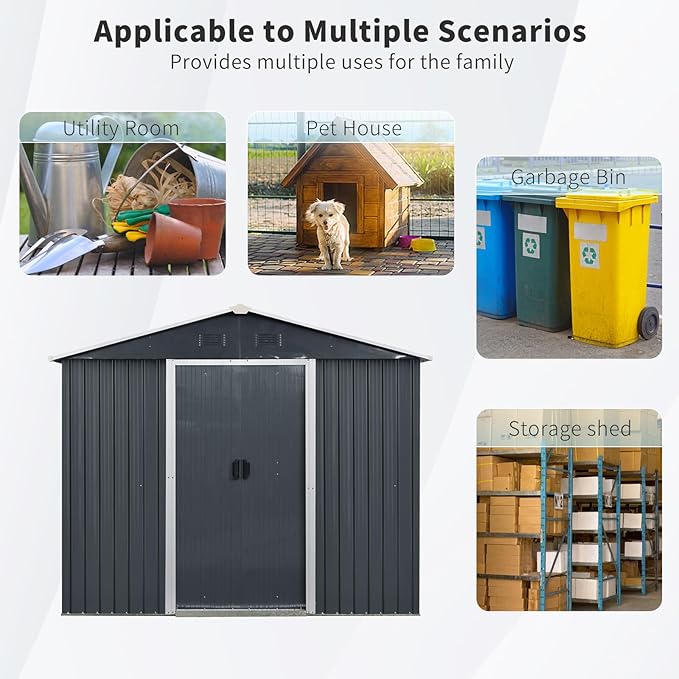 Outdoor Storage Shed, 8x4ft Metal Storage Shed with Window and Metal Foundation, Lockable Sliding Door, All Weather Tilted Roof Tool Shed with Vents, for Backyard, Patio, Lawn