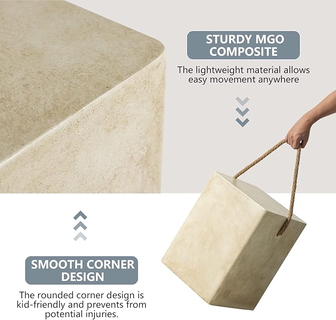 COSIEST Rectangular Concrete Side Table,15'' Outdoor Side Table w Hemp Rope Handles,Patio Side Tables Accent End Coffe Table for Garden and Patio, Beige