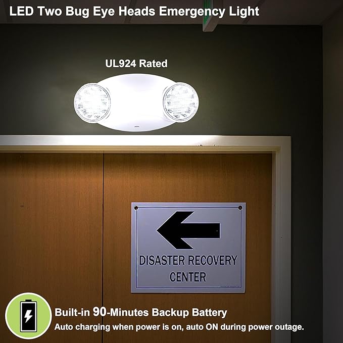 LIT-PaTH LED Emergency Lighting Fixtures with 2 LED Bug Eye Heads and Back Up Batteries- US Standard Exit Light, UL 924 and CEC Qualified, 120/277 Voltage, White, 4-Pack