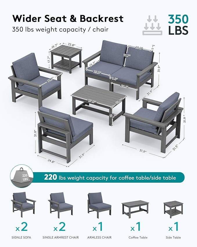 SERWALL HDPE Patio Furniture Set with 15FT Double Side Patio Umbrella, 7-piece Outdoor Modular Sectional Sofa Set, All Weather Patio Couch Set for Deck, Gray & Gray Cushion(Umbreall Base not Included)