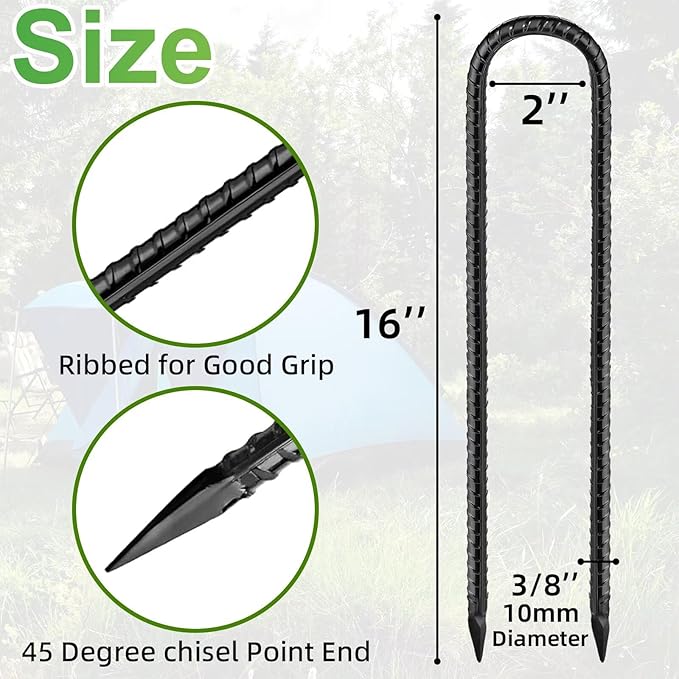 Black Trampoline Stakes Anchors High Wind 16inx10mm Galvanized U Hook 4pcs Rebar Stakes – Heavy Duty Ground Anchors for Trampoline,Yard & Inflatable,Landscape Metal Stakes for Outdoor Decorations